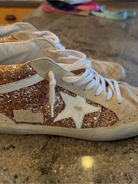 Golden Goose Rose Gold Glitter Sneakers with White Star